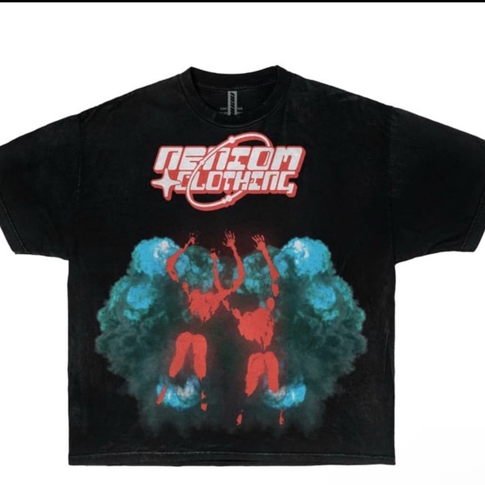Black Graphic T-Shirt with Red and Blue Design